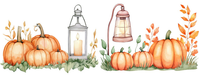 Pumpkins and lanterns among autumn foliage, isolated on transparent background