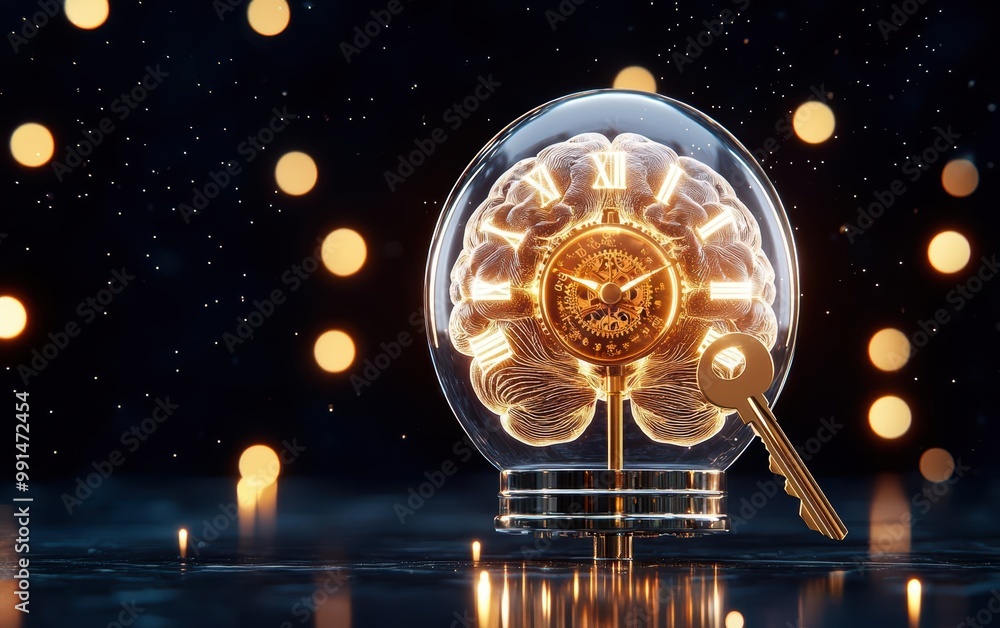 Poster a conceptual image of a clock inside a brain model, symbolizing time and creativity.