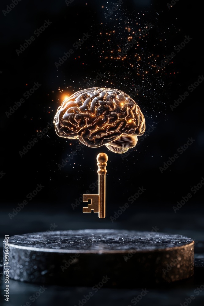 Poster a conceptual image of a brain with a key representing knowledge and unlocking potential.