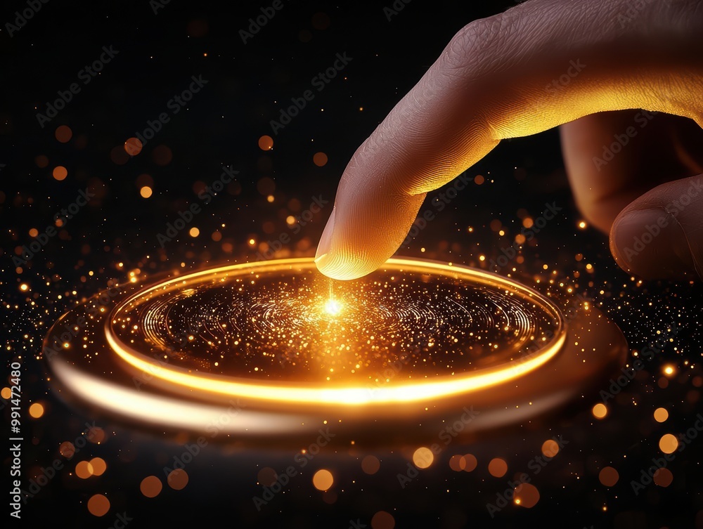 Poster a finger touching a glowing orb surrounded by sparkling particles.