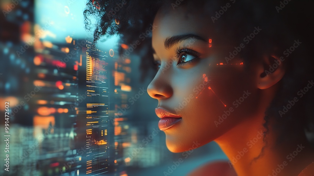 Poster Black woman working in office and futuristic graphical user interface concept ICT Information Communication Technology System engineering : Generative AI