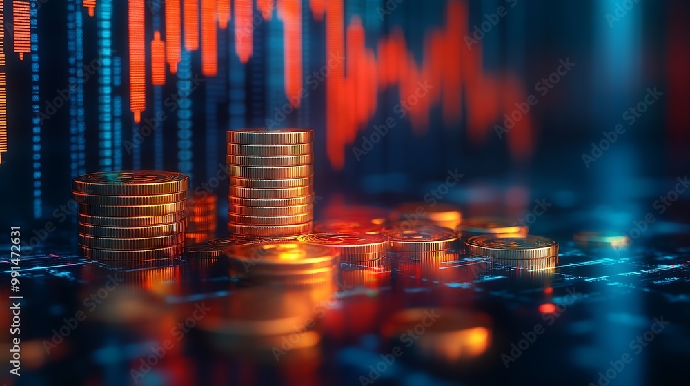 Poster financial stock market graph and rows of coins growth abstract and symbol for finance concept busine
