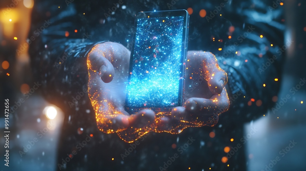 Poster Metaverse and Blockchain Technology Concepts Person with an Experiences of Metaverse Virtual World via Smart Phone Futuristic Tone Hand Levitating Mobile Phone : Generative AI