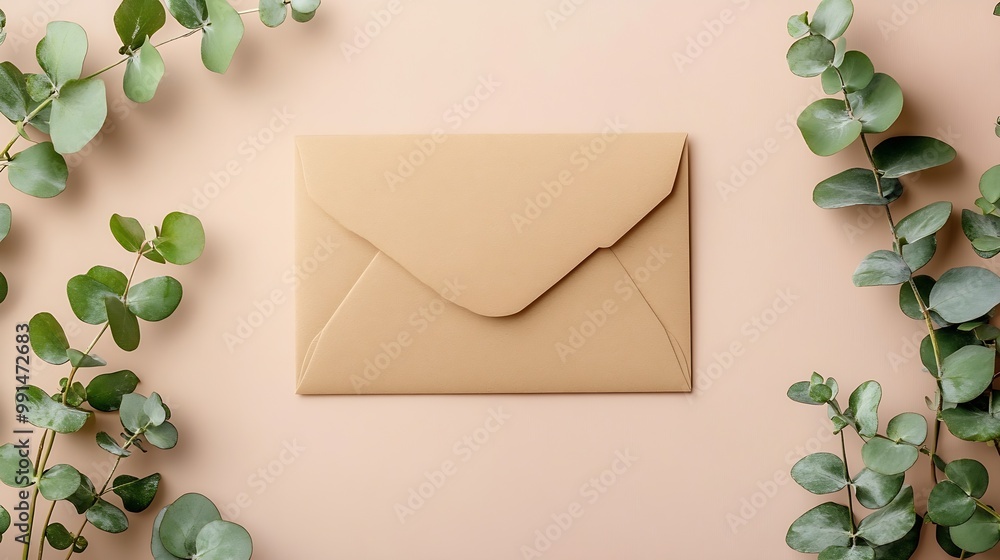 Aufkleber Banner Blank paper card mock up and craft envelope with branches eucalyptus leaves beige background White empty invitation on table Minimal modern lifestyle photo Flat lay top view cop : Generative AI