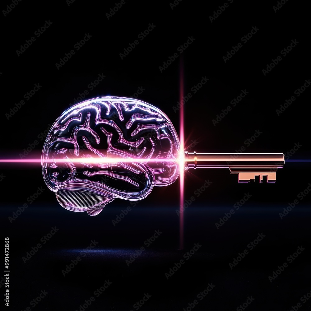 Poster brain with a key, symbolizing knowledge and access to intelligence.