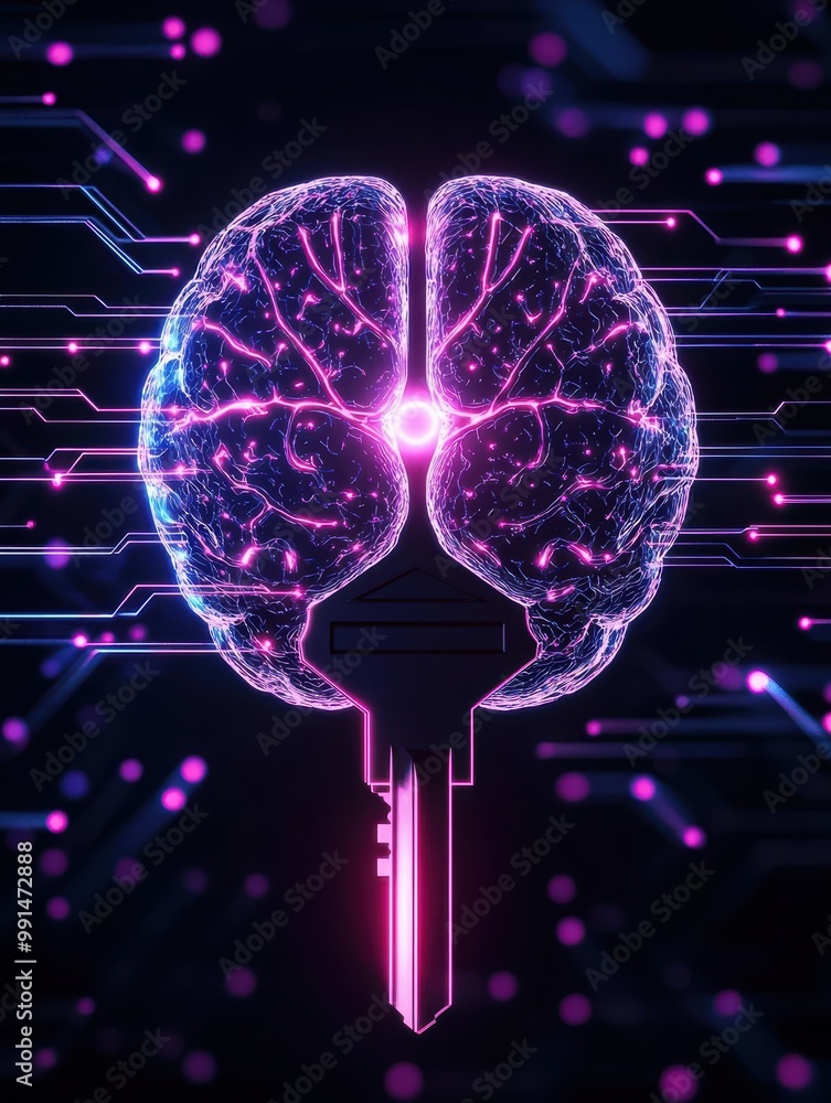 Poster conceptual digital brain with key and circuits on dark background