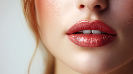 Close up view of beautiful woman lips. Fashion make up, beauty injections concept, cosmetology
