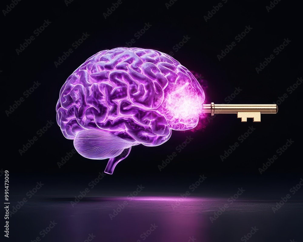 Poster conceptual image of a brain with a key, symbolizing unlocking potential.