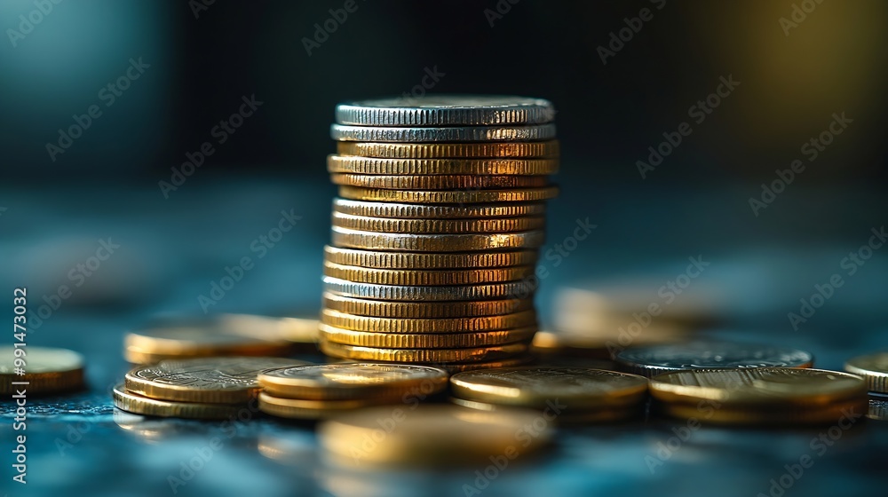 Leinwandbilder close up stack of coin on table background and business or finance saving money : generative ai
