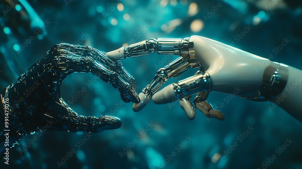 Aufkleber AI Machine learning Hands of robot and human touching on big data network connection Data exchange deep learning Science and artificial intelligence technology innovation of futuristic : Generative AI