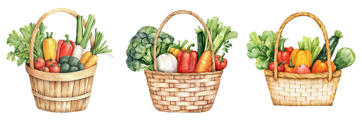 Three baskets filled with fresh vegetables, isolated on transparent background
