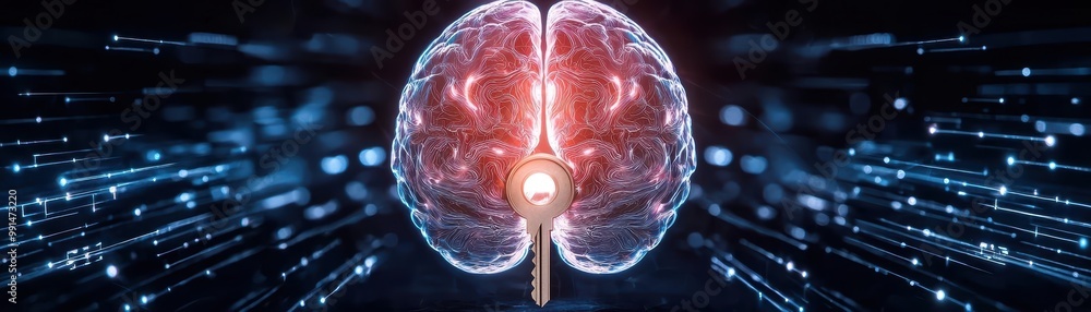 Poster digital brain with glowing neurons and data flow, dark technology background.