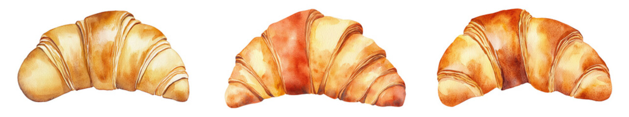 Three delicious croissants with golden crusts, isolated on transparent background
