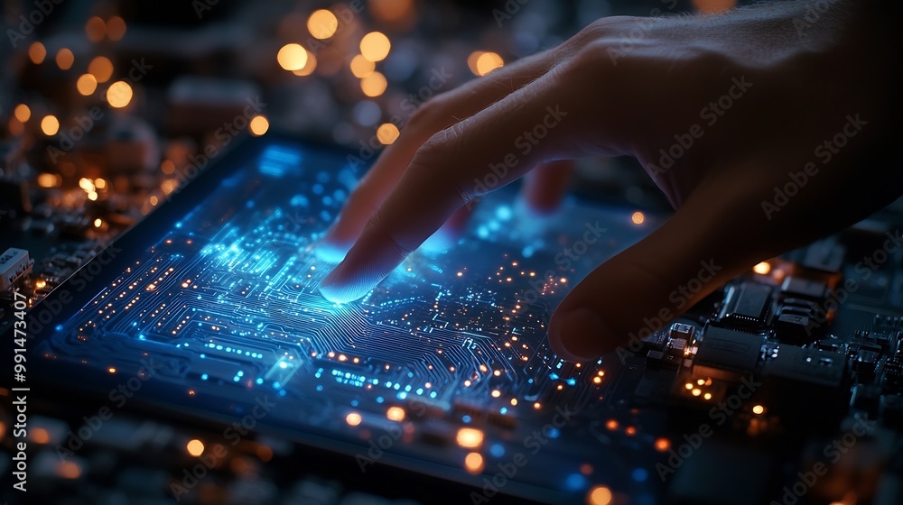 Aufkleber Digital technology software development concept Coding programmer software engineer using digital tablet with circuit board and javascript on virtual screen internet of things IoT : Generative AI