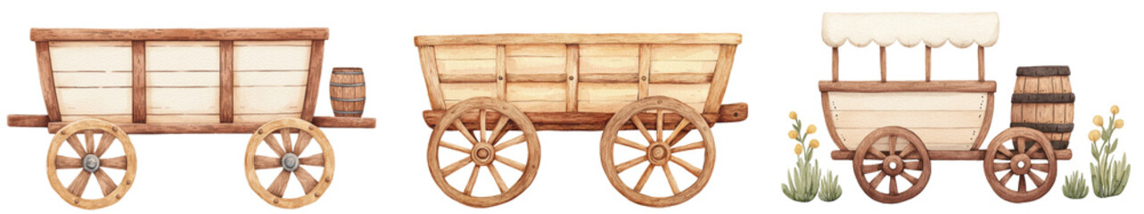 Fototapeta premium Three wooden Western carts with wheels, isolated on transparent background