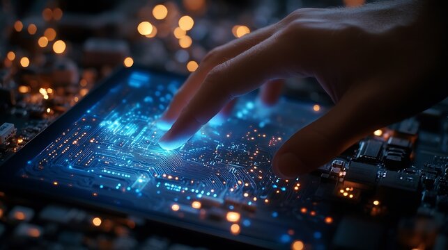Digital technology software development concept Coding programmer software engineer using digital tablet with circuit board and javascript on virtual screen internet of things IoT : Generative AI