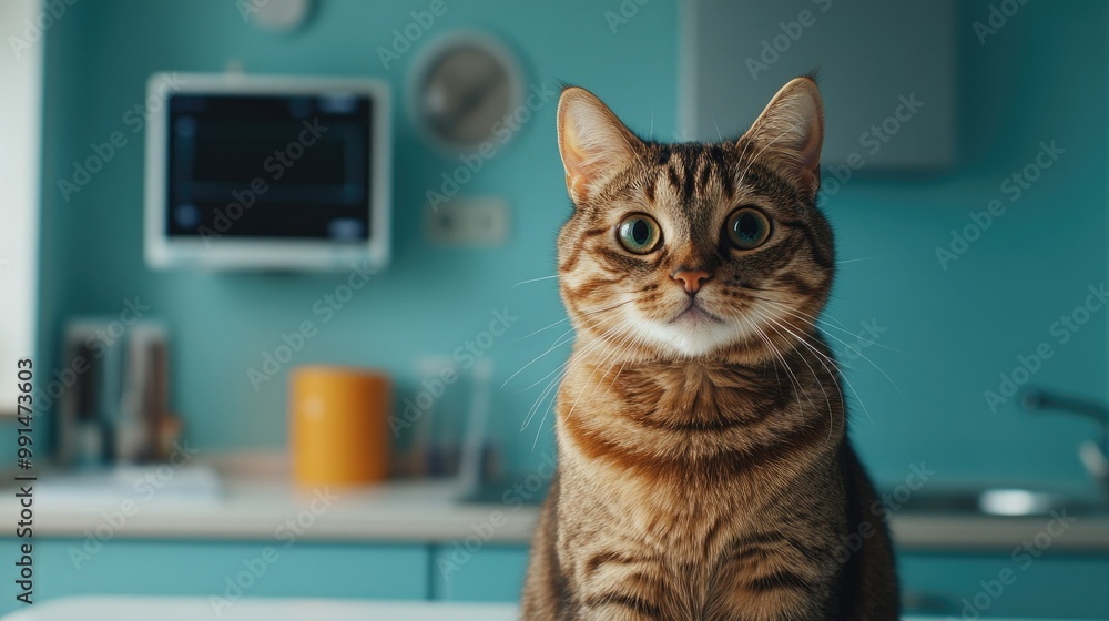 Poster close-up of a cat sitting on the vet's table, with plenty of empty background space on the left. -
