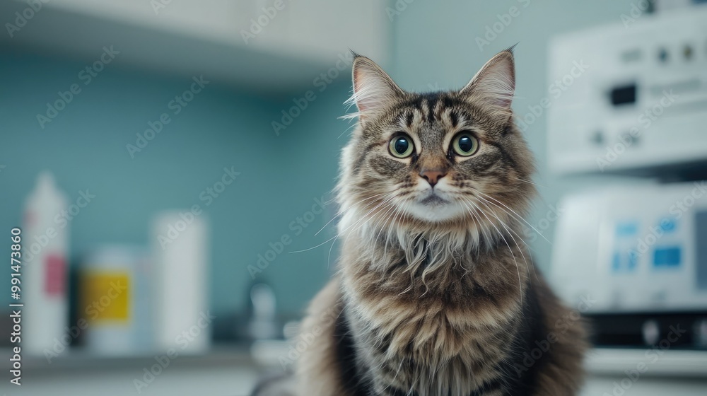 Poster close-up of a cat sitting on the vet's table, with plenty of empty background space on the left. -