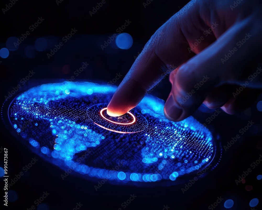 Poster hand touching a digital globe with blue glowing lights and data points.
