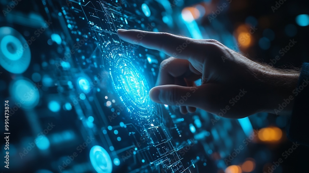 Fototapete Businessman hand touching of digital data network transformation for next generation technology on cyberspace Internet network and digital software development Algorithm Metaverse and  : Generative AI