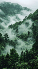 Serene Forest Landscape with Misty Mountains and Lush Greenery