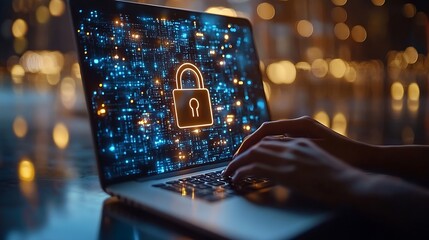 Cyber security network Data protection concept Businessman using laptop computer with digital padlock on internet technology networking with cloud computing and data management cyberse : Generative AI