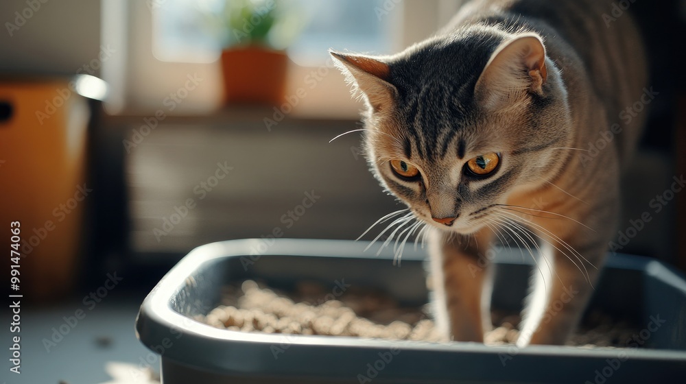 Poster close-up of a cat stepping into a litter box with a blurred background, creating perfect copy space 