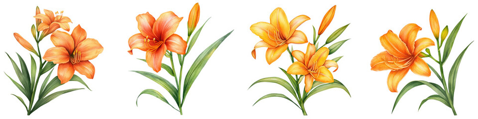 Fototapeta premium Vibrant daylily flowers in orange hues, isolated on transparent background