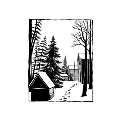 Merry Christmas and Happy New Year illustration, for greeting cards, posters, holiday covers. Xmas festive linocut black hand drawn.