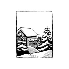 Fototapeta premium Merry Christmas and Happy New Year illustration, for greeting cards, posters, holiday covers. Xmas festive linocut black hand drawn.