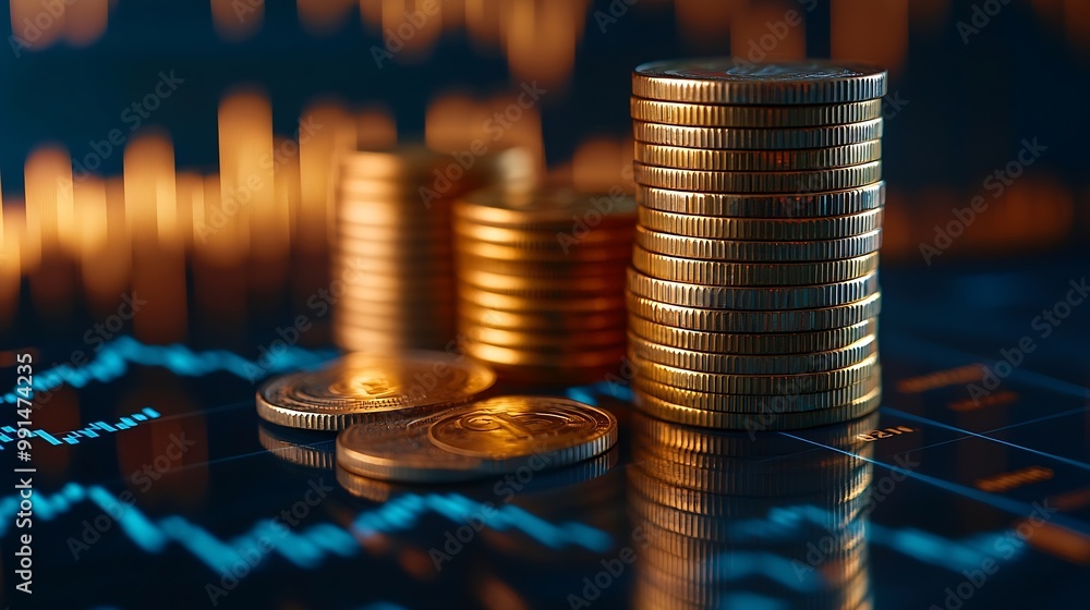 Poster stacks of coins and graphs finance concept stock business investment : generative ai