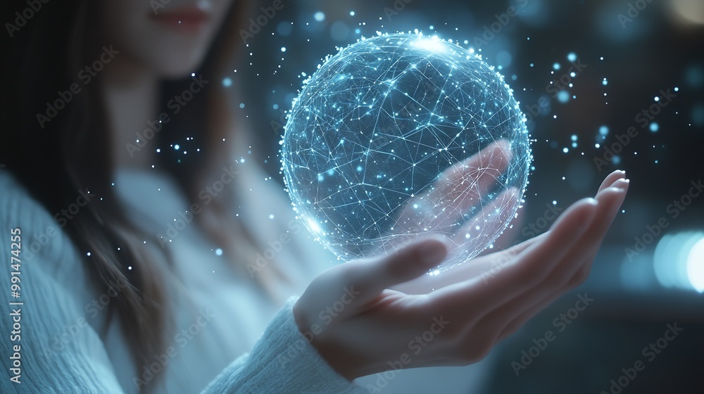 Poster Metaverse Virtual TechnologyWoman hand holding global network connection Internet communication Wireless connection technology Futuristic technology with polygonal shapes : Generative AI
