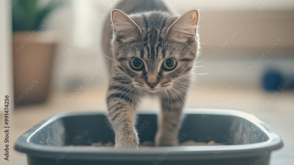 Poster close-up of a cat stepping into a litter box with a blurred background, creating perfect copy space 