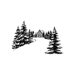 Fototapeta premium Merry Christmas and Happy New Year illustration, for greeting cards, posters, holiday covers. Xmas festive linocut black hand drawn.