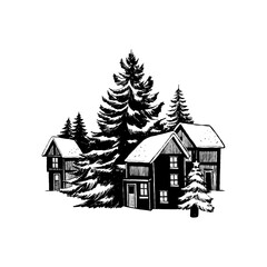 Fototapeta premium Merry Christmas and Happy New Year illustration, for greeting cards, posters, holiday covers. Xmas festive linocut black hand drawn.