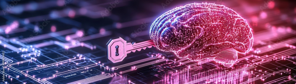 Poster illustration of a brain with a key, symbolizing knowledge and security in technology.