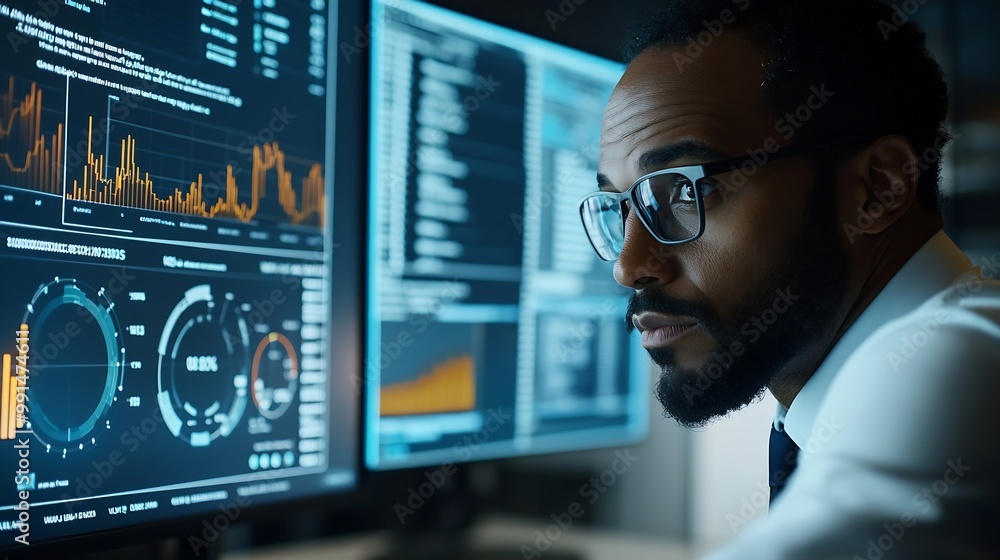 Poster An analyst uses a computer and dashboard for data business analysis and Data Management System with KPI and metrics connected to the database for technology finance operations sales ma : Generative AI