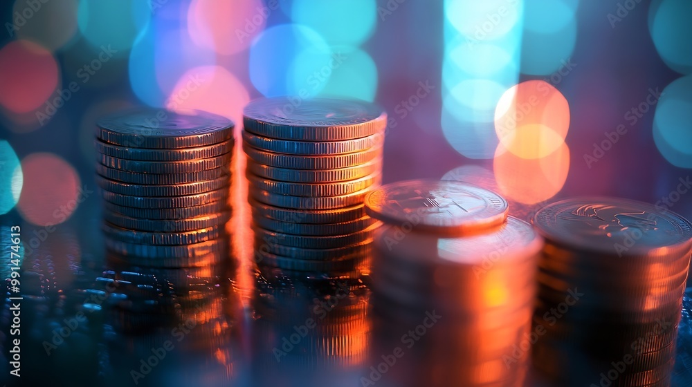 Poster Double exposure of graph and rows of coins in soft color for finance and business concept : Generative AI
