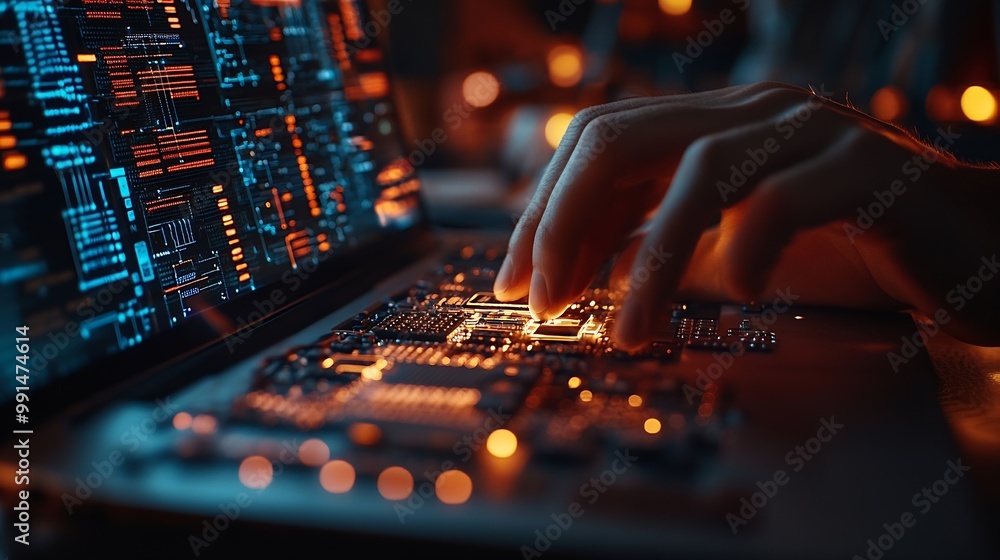 Leinwandbilder Digital technology software development concept Coding programmer software engineer working on laptop with circuit board and javascript on virtual screen internet of things IoT : Generative AI