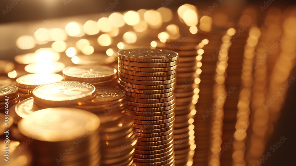 Poster rows of coins and blurred bokeh for finance and banking concept : generative ai