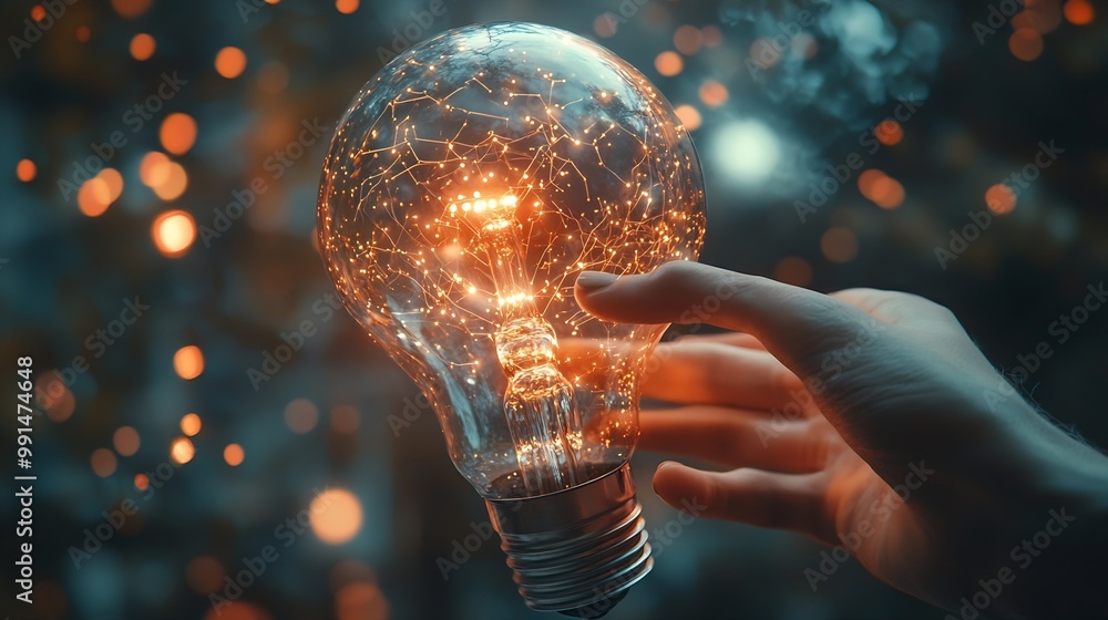 Fototapete AI Machine learning Hands of robot and human touch on big data network Brain data creative in light bulb Science and artificial intelligence technology innovation for futuristic : Generative AI