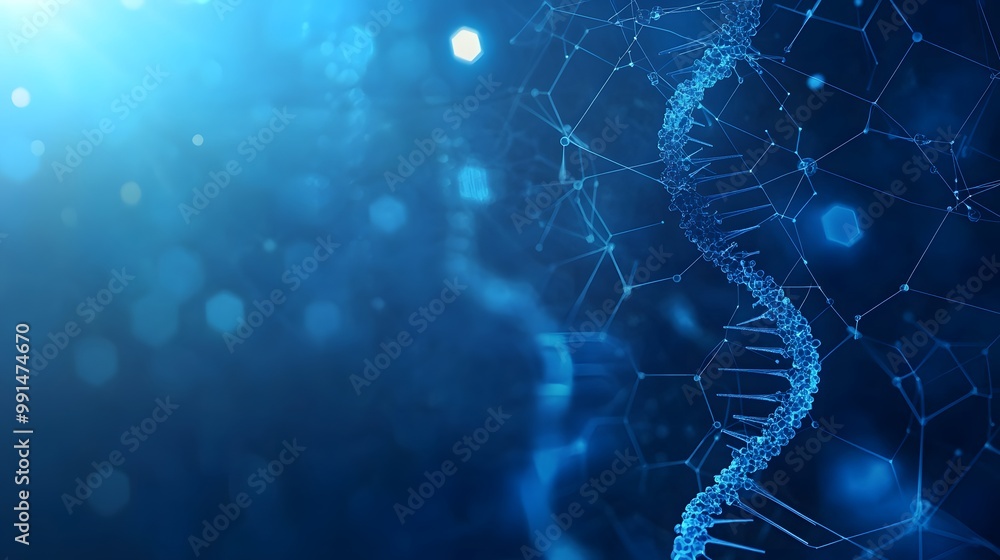 Aufkleber a blue 3d rendering of dna with bokeh lights and network connections
