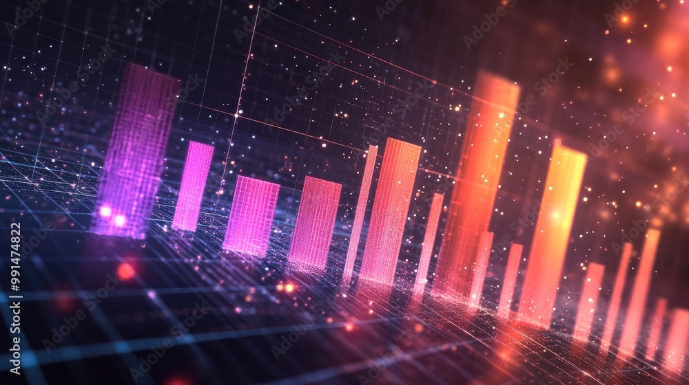 Poster a 3d bar chart with gradient-colored bars growing from left to right, surrounded by digital particle