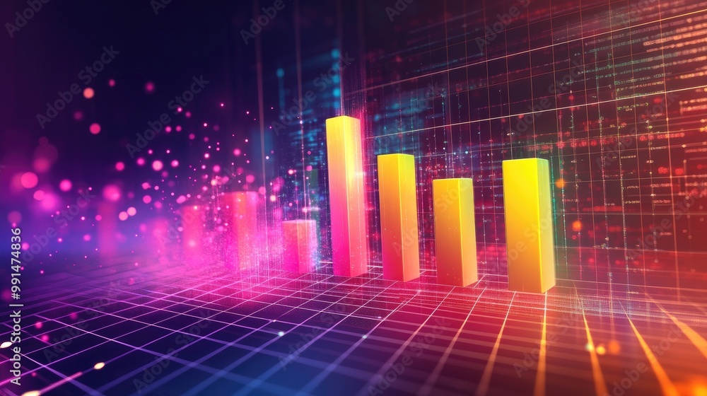 Poster a 3d bar chart with gradient-colored bars growing from left to right, surrounded by digital particle