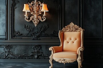 classic orange castle with elegant and strong dragon carving scene, elegant classic wall lamp and calssic wooden ivory chair with royal carving isolated on dark background 