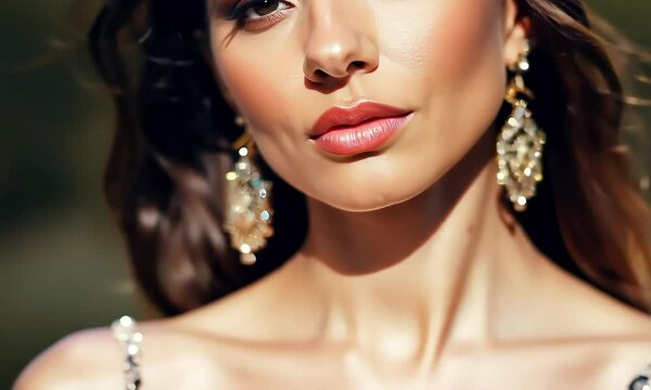 Glamour and Confidence: A captivating portrait of a woman with a radiant, glowing complexion and bold, expressive makeup. with vintage earring