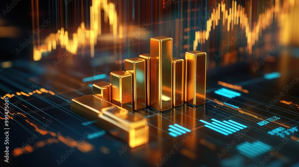 Poster a 3d bar graph with gold bars rising steadily, surrounded by floating stock data and percentages, sy