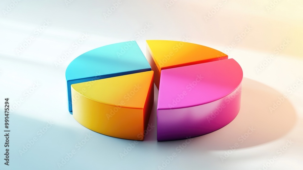 Poster a 3d pie chart in vibrant colors with thick slices, some sections pulled apart for emphasis, placed 
