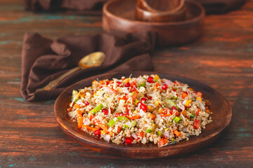 Vibrant Quinoa Salad with Fresh Vegetables, Tangy Citrus Dressing, Crunchy Nuts, Avocado, and a Zesty Herb Infusion.