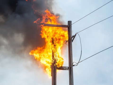 Utility pole bursting into flames, creating dramatic scene of fire and smoke